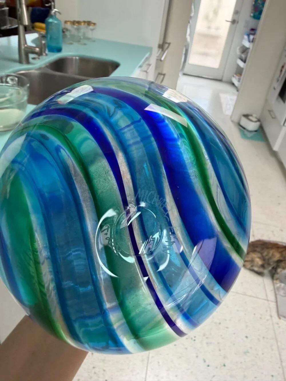 Michael Egan Vermont 2001 Handblown 12 inch Art Glass Vase Blue Green Handmade